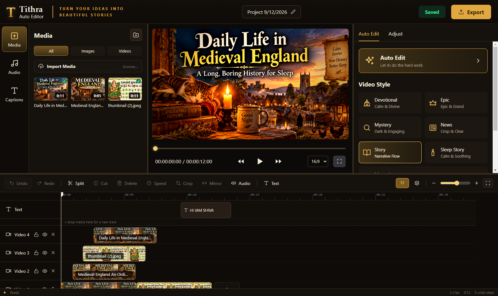 Media bin with images, the preview, and the timeline below