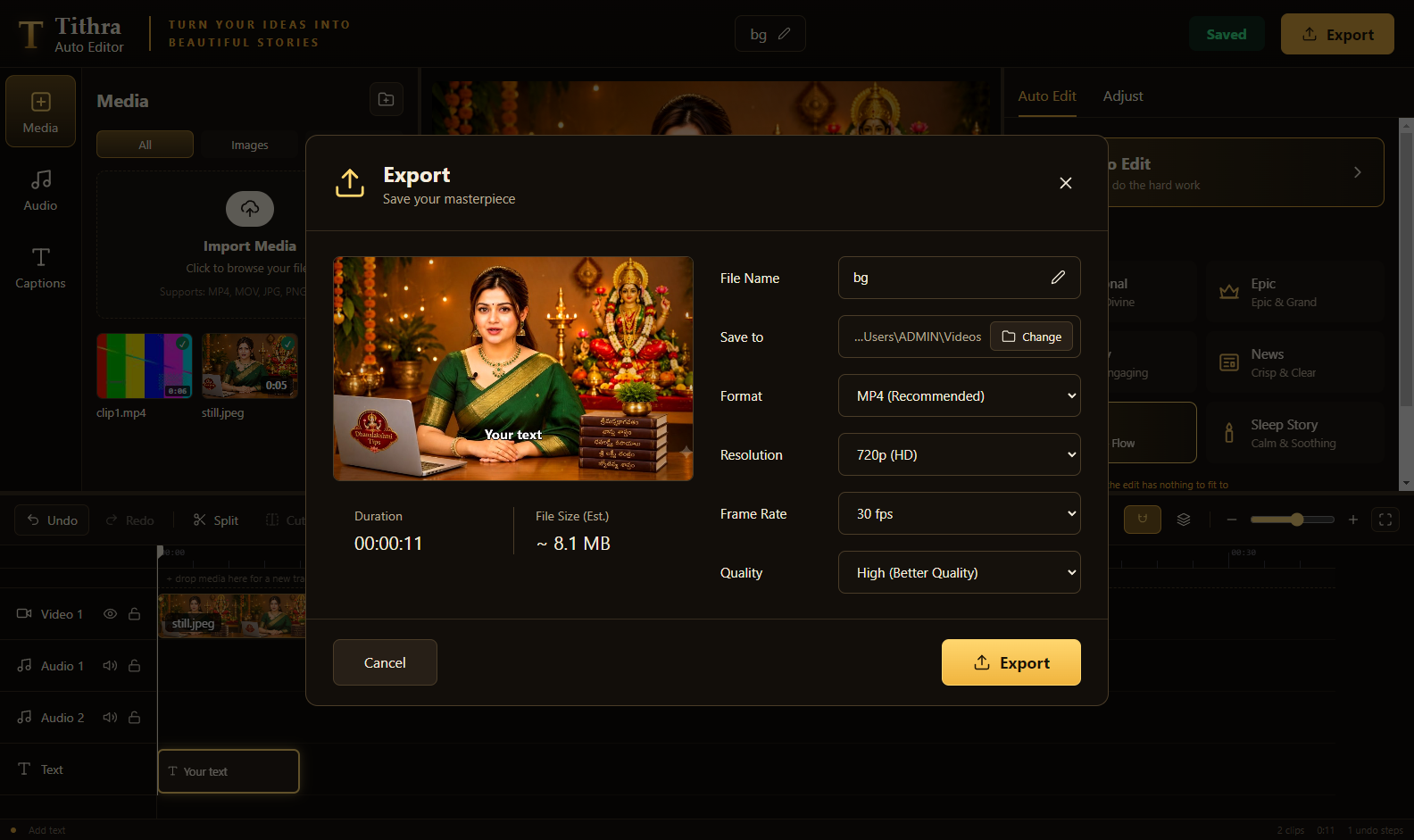 Export dialog — file name, folder, format, resolution, frame rate, quality